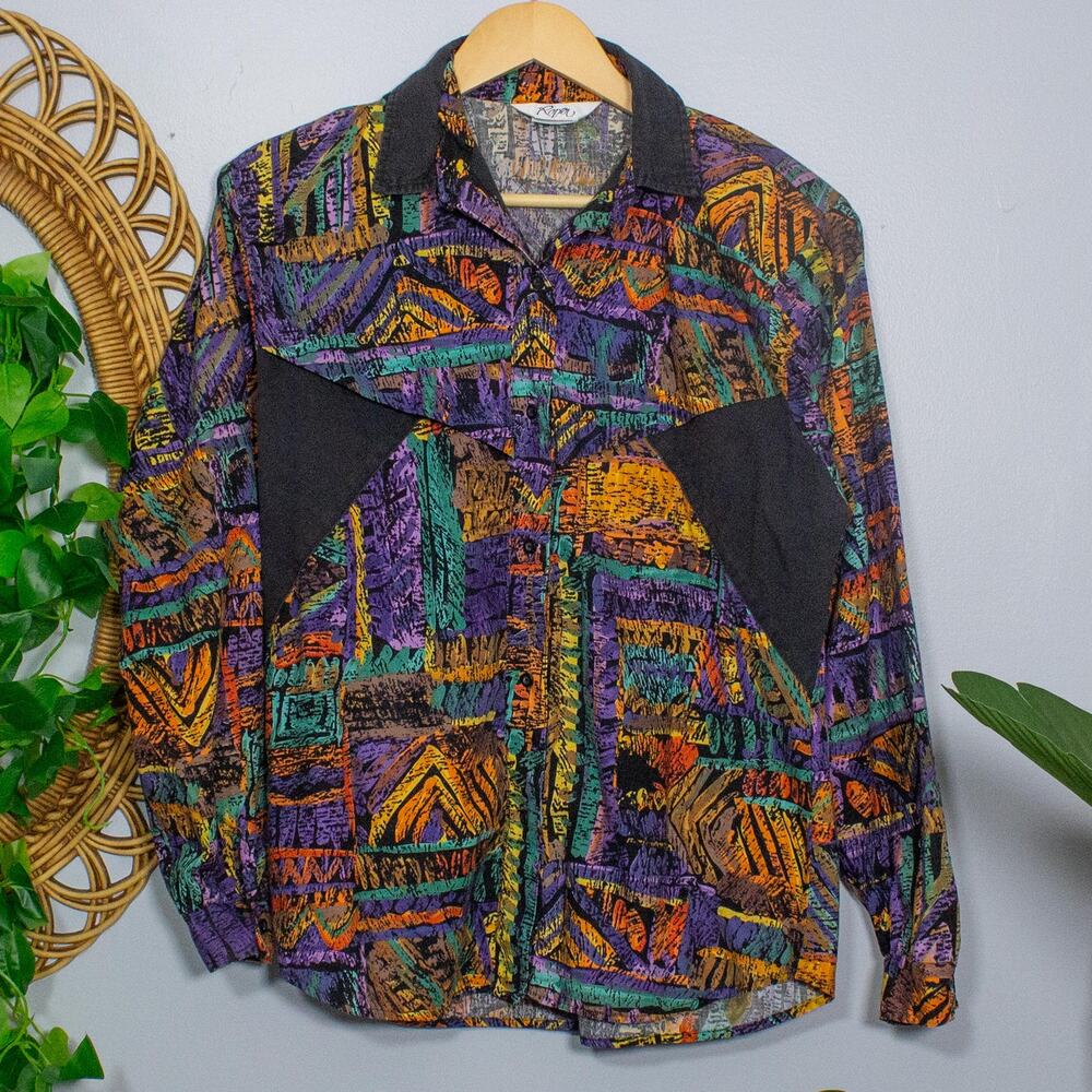 Vtg Roper Western Shirt Abstract Geometric Southwest Button Up L | Dark Autumn